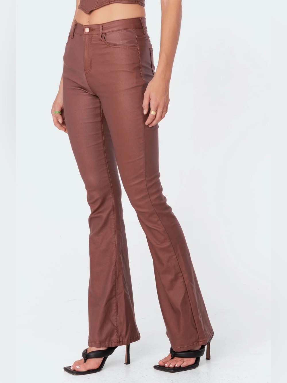 EDIKTED Luna Feux Leather Flare Jeans